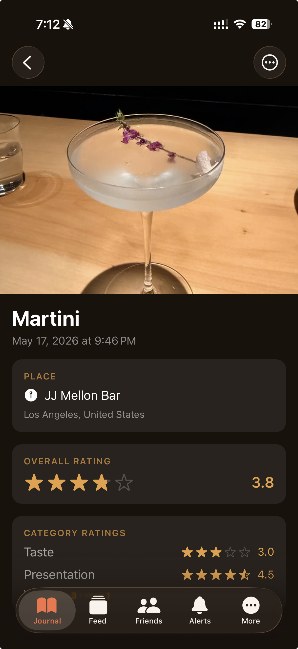 Pour app detail screen showing a Martini at JJ Mellon Bar with ratings