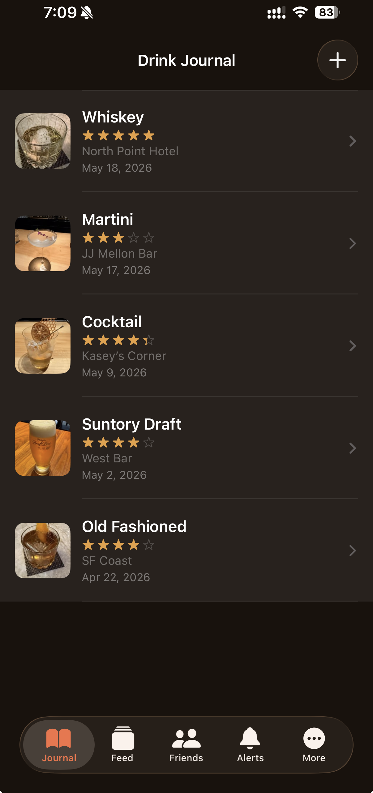 Pour Drink Journal list showing recent entries with ratings, places, and dates