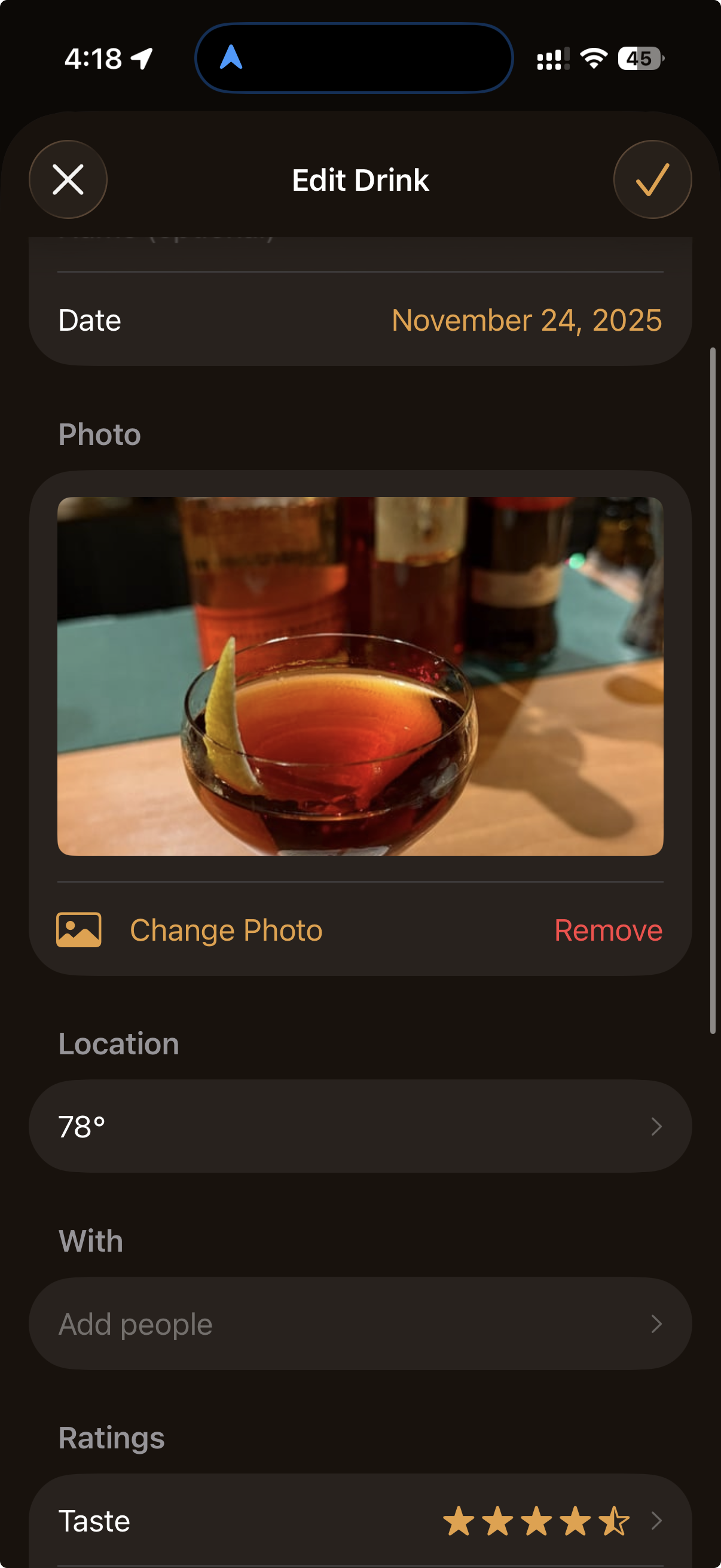Pour Edit Drink screen showing photo, date, and location fields