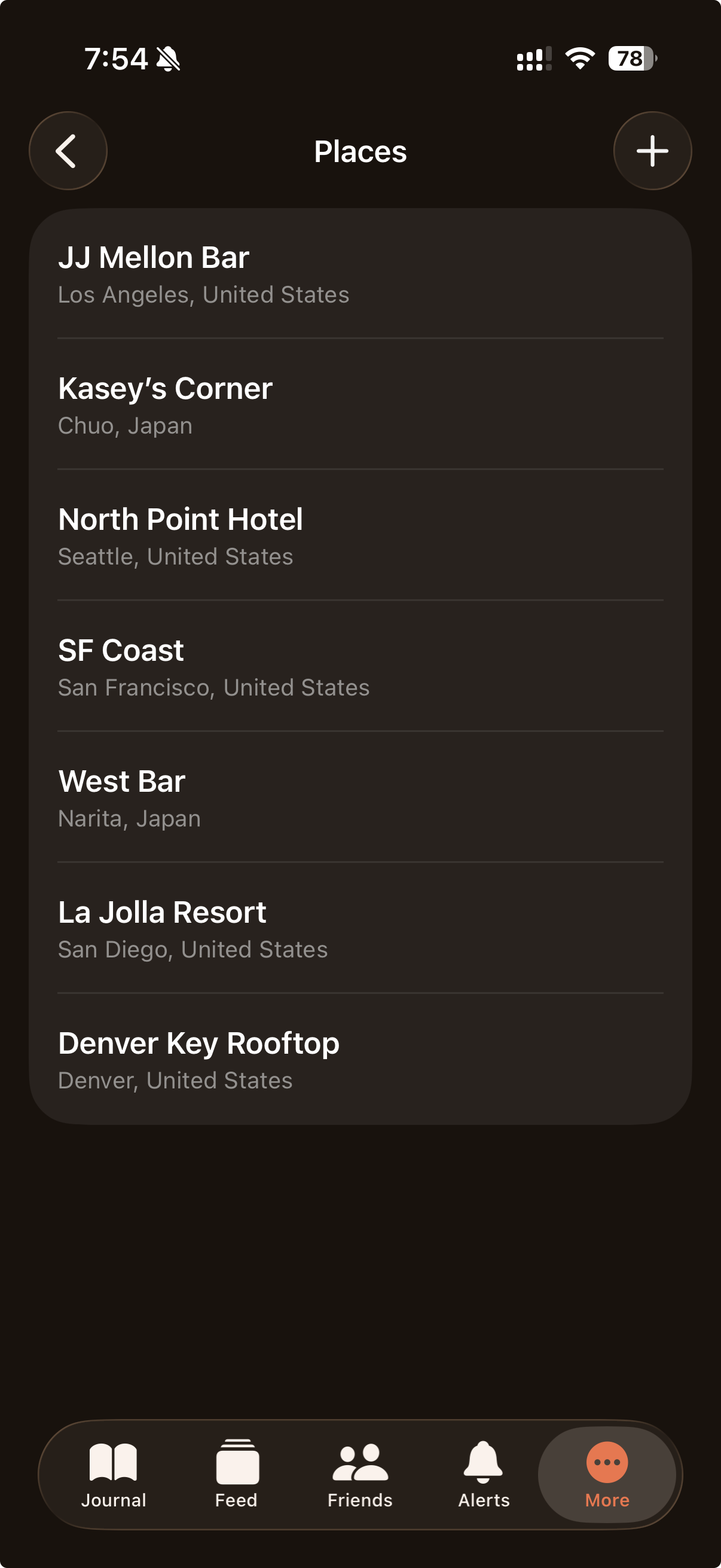 Pour Places screen listing saved venues across multiple cities