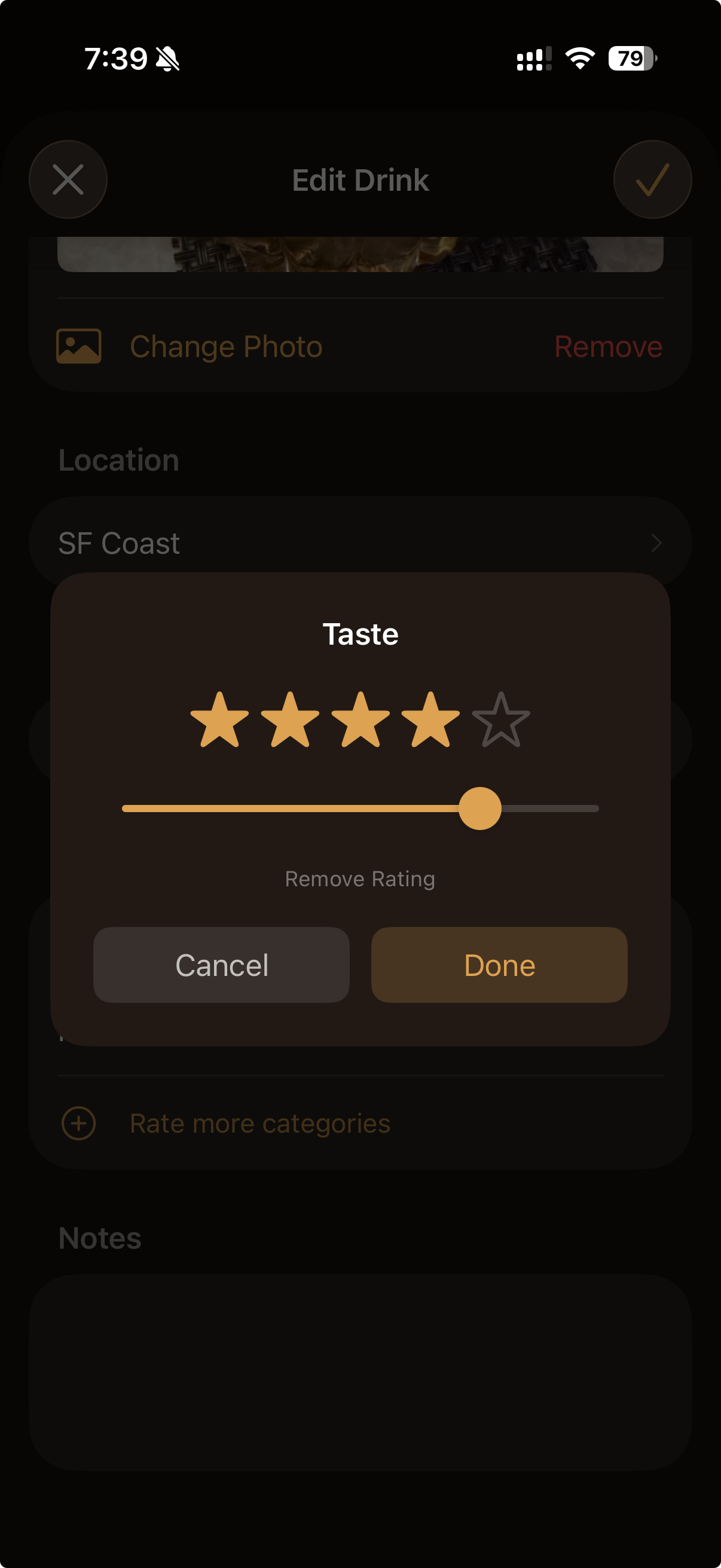 Pour rating dialog showing a 4-star Taste rating with slider